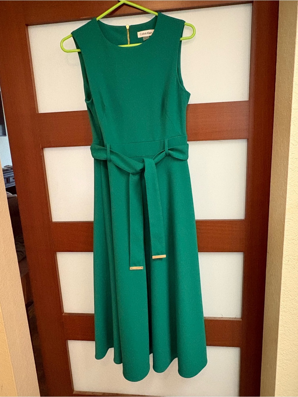 Calvin Klein Teal Green Sleeveless Midi Dress with Waist Tie